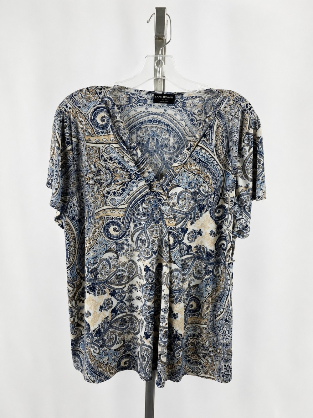 Lane Bryant Blue and Cream Paisley V-Neck Short Sleeve Top